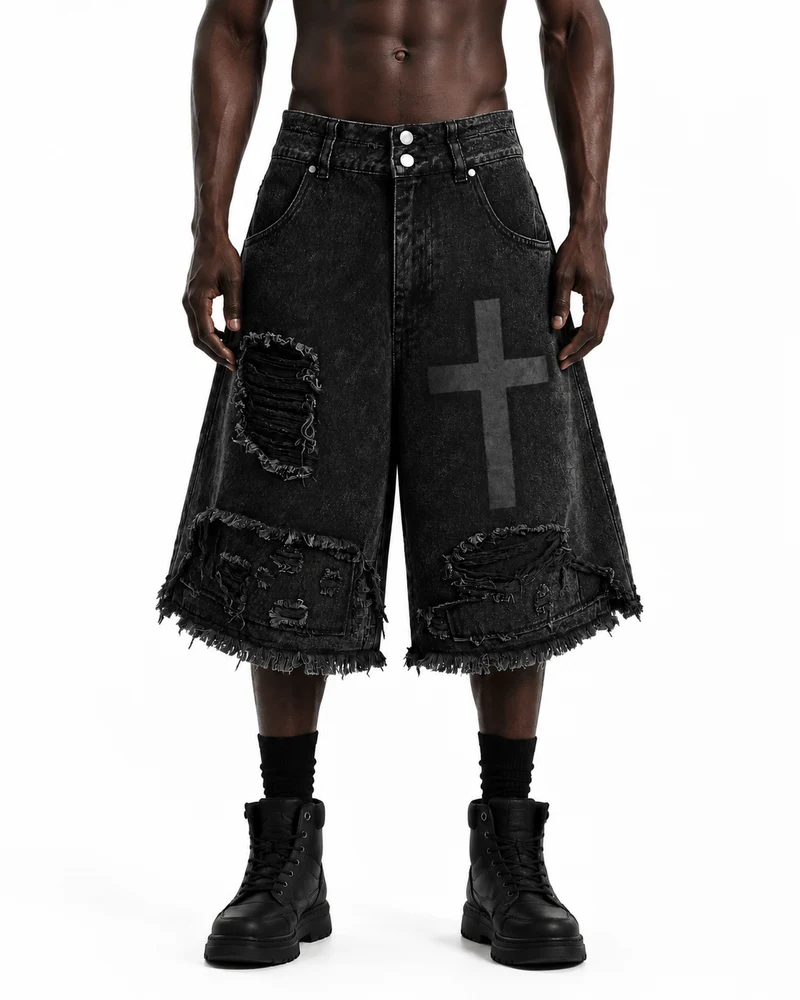KIIKIO Distressed Cross Graphic Denim Shorts