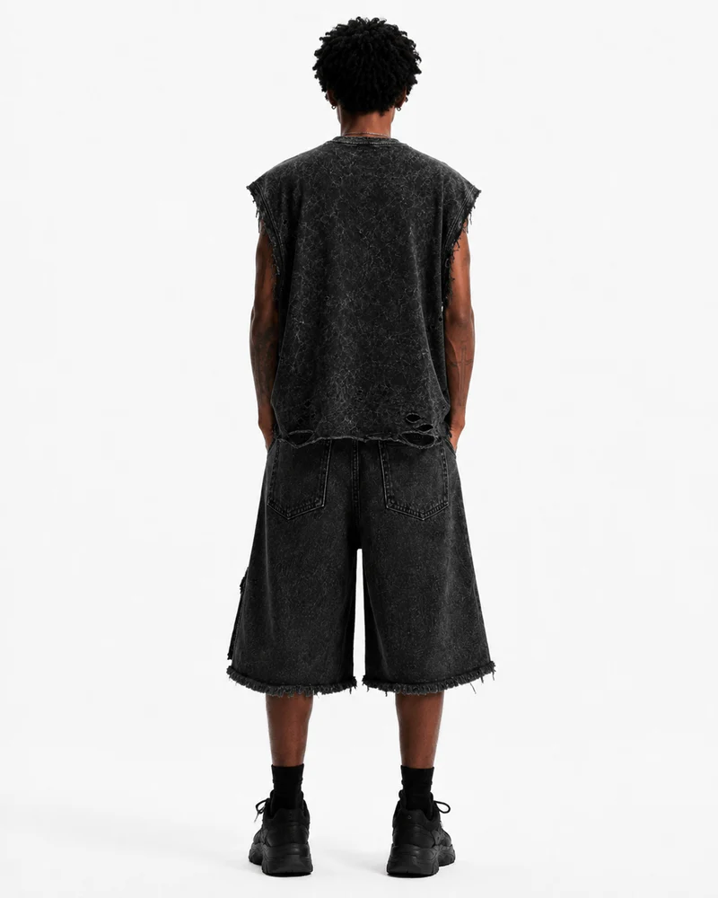 KIIKIO Distressed Cross Graphic Denim Shorts