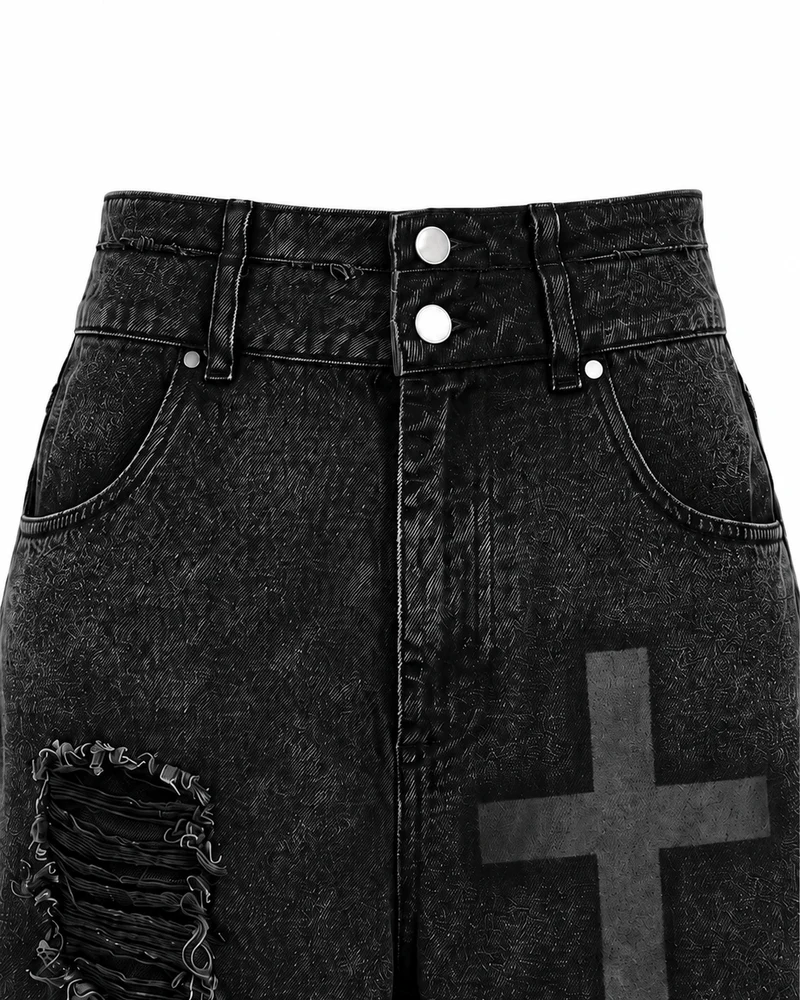 KIIKIO Distressed Cross Graphic Denim Shorts