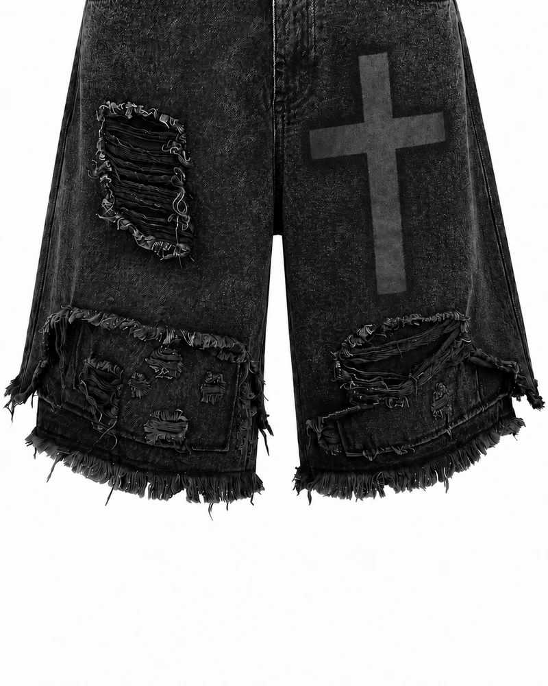 KIIKIO Distressed Cross Graphic Denim Shorts