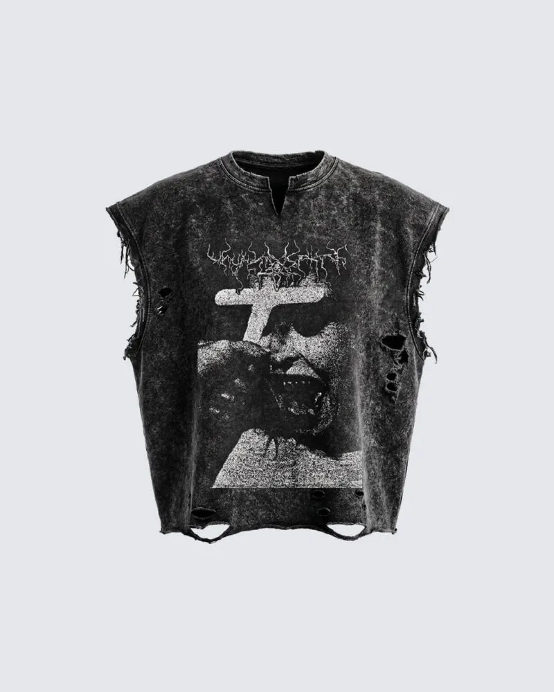 KIIKIO Distressed Gothic Cross Graphic Vest