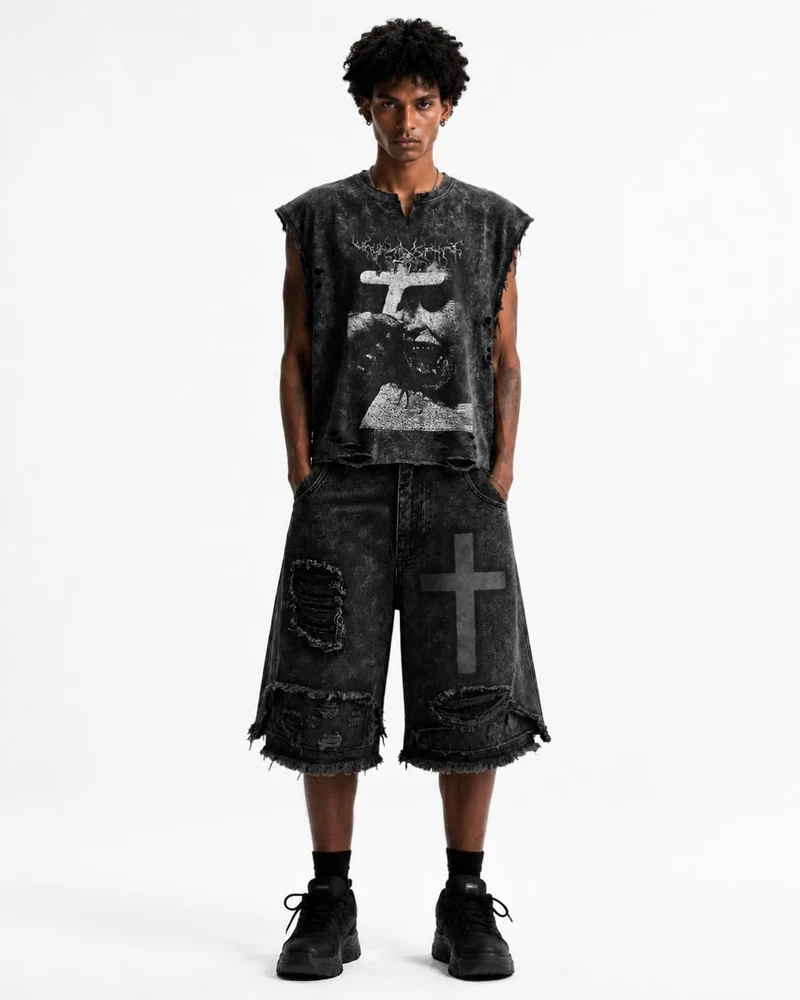 KIIKIO Distressed Gothic Cross Graphic Vest