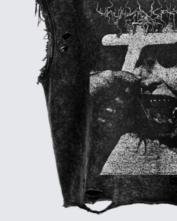 KIIKIO Distressed Gothic Cross Graphic Vest