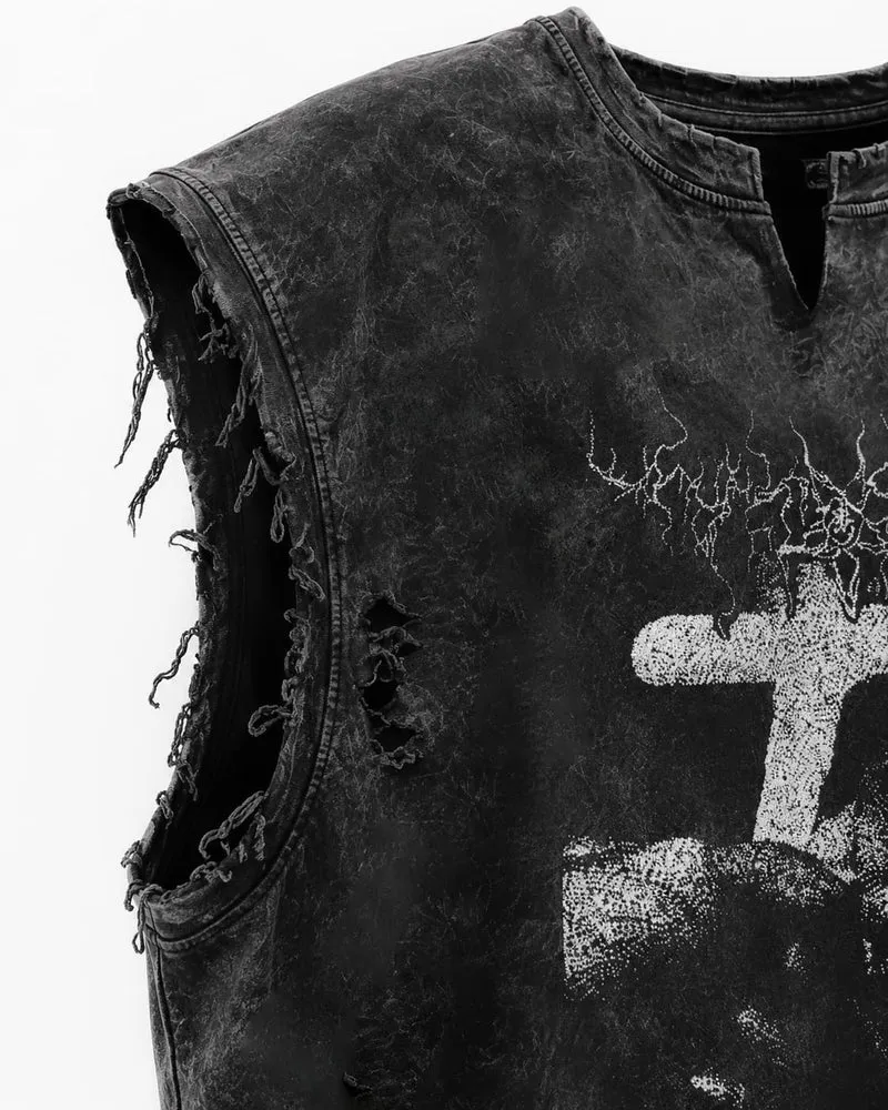 KIIKIO Distressed Gothic Cross Graphic Vest