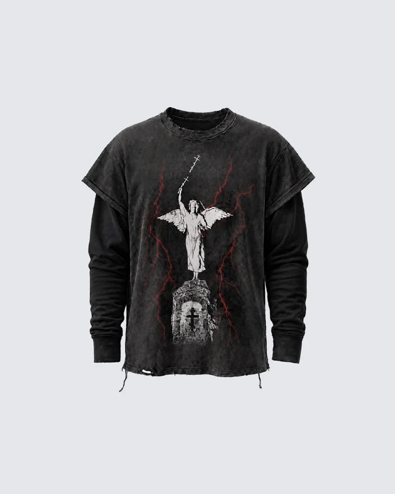KIIKIO Distressed Angel Cross Graphic Layered T-Shirt