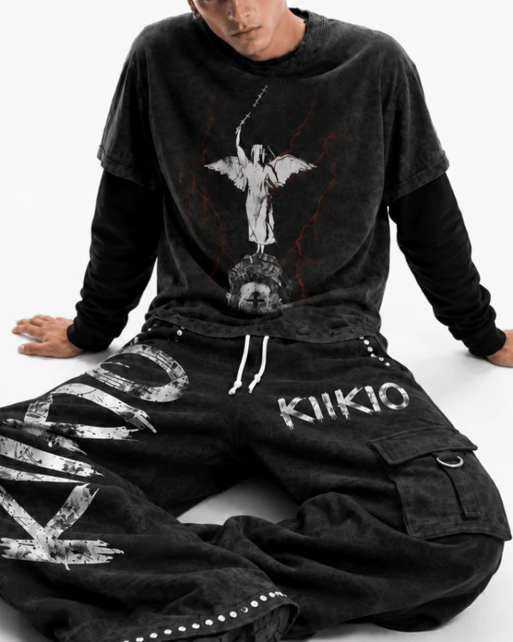 KIIKIO Distressed Angel Cross Graphic Layered T-Shirt
