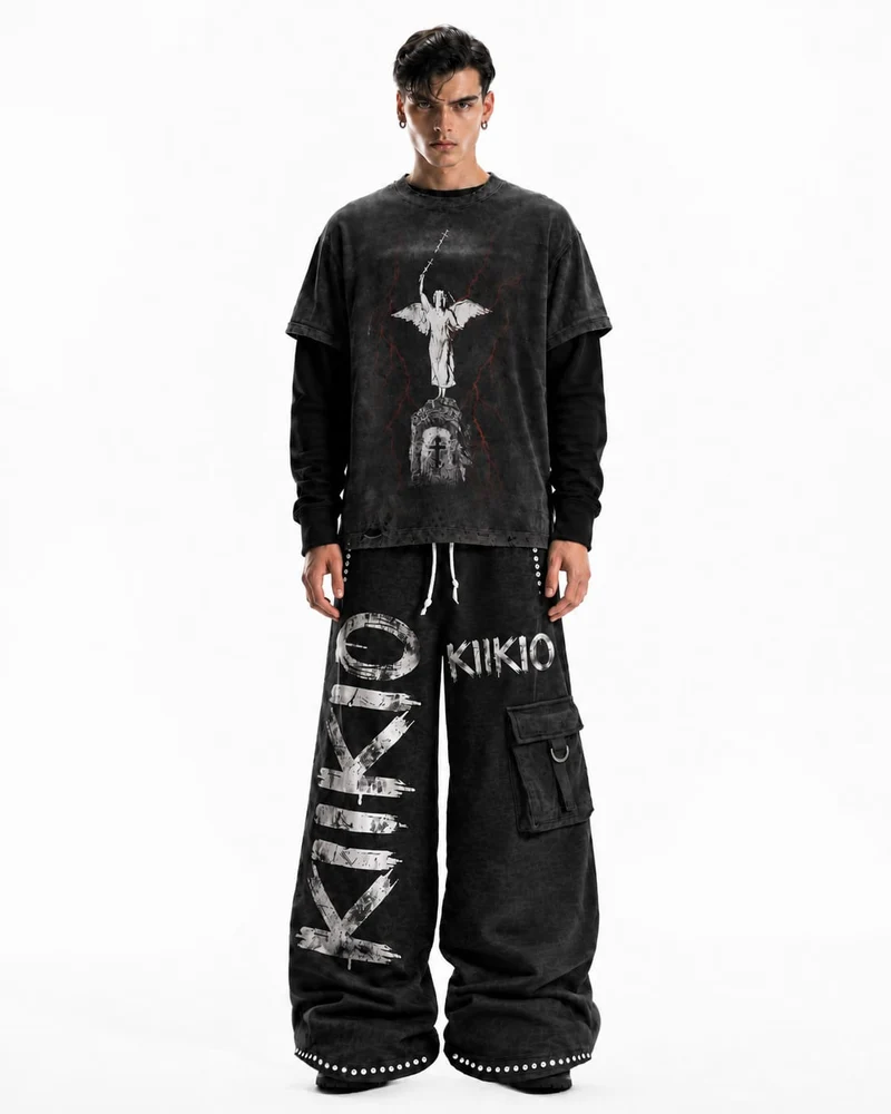 KIIKIO Distressed Angel Cross Graphic Layered T-Shirt