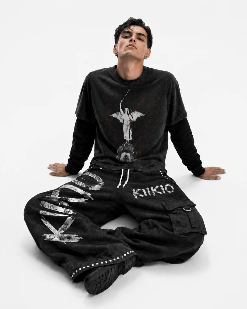 KIIKIO Distressed Angel Cross Graphic Layered T-Shirt