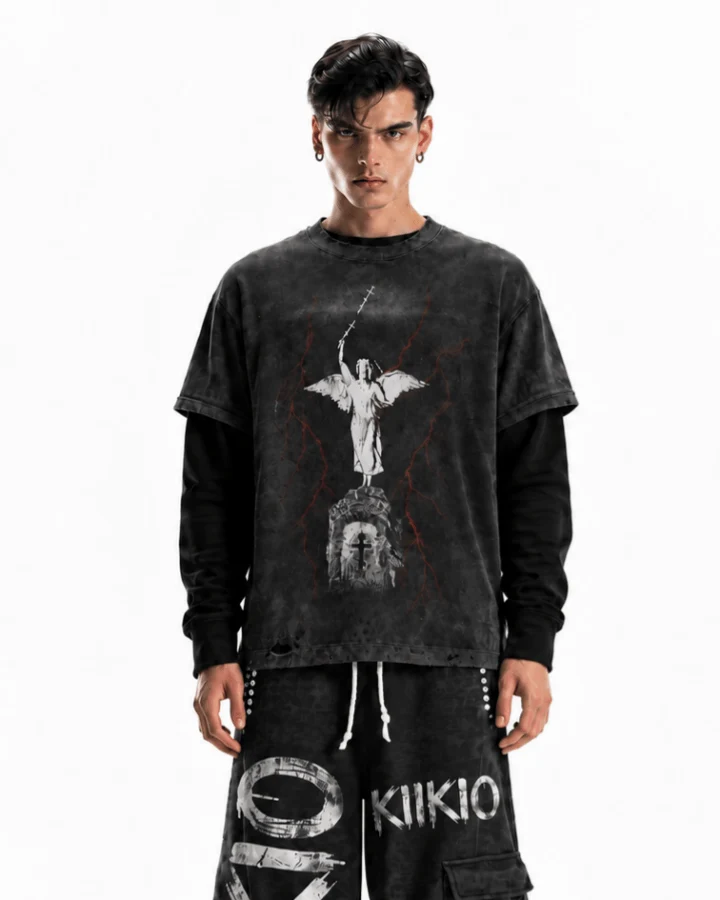 KIIKIO Distressed Angel Cross Graphic Layered T-Shirt