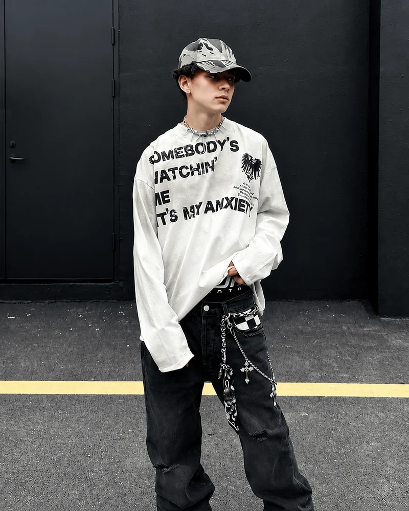 KIIKIO Grunge Washed Printed Long Sleeve T-Shirt