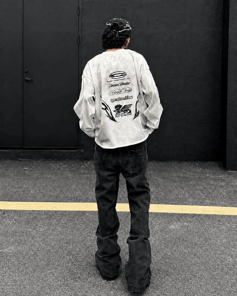 KIIKIO Grunge Washed Printed Long Sleeve T-Shirt