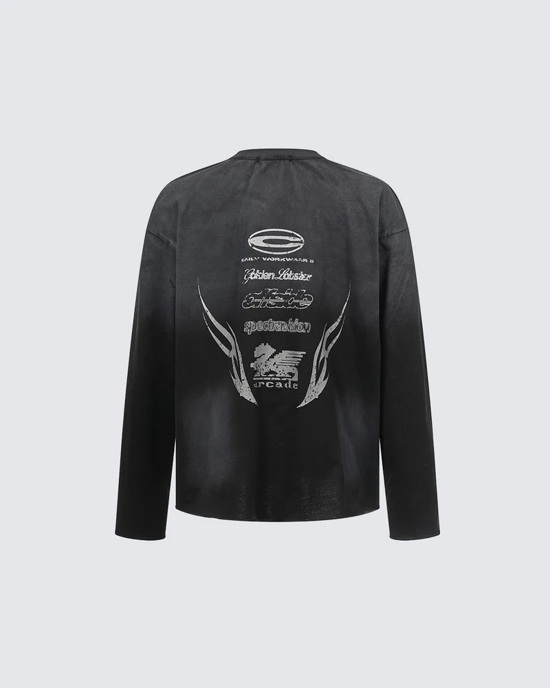 KIIKIO Grunge Washed Printed Long Sleeve T-Shirt