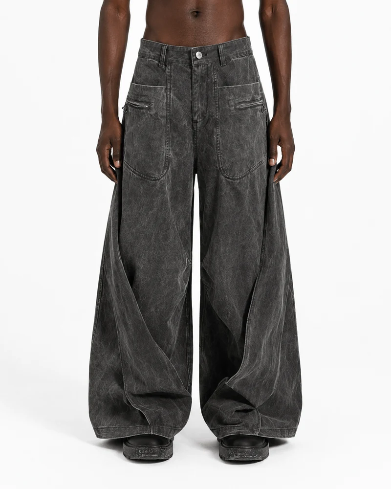 KIIKIO Retro Washed Curved Panel Wide-Leg Jeans