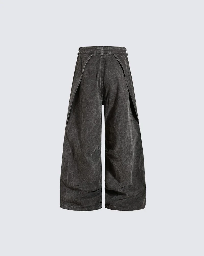 KIIKIO Retro Washed Curved Panel Wide-Leg Jeans
