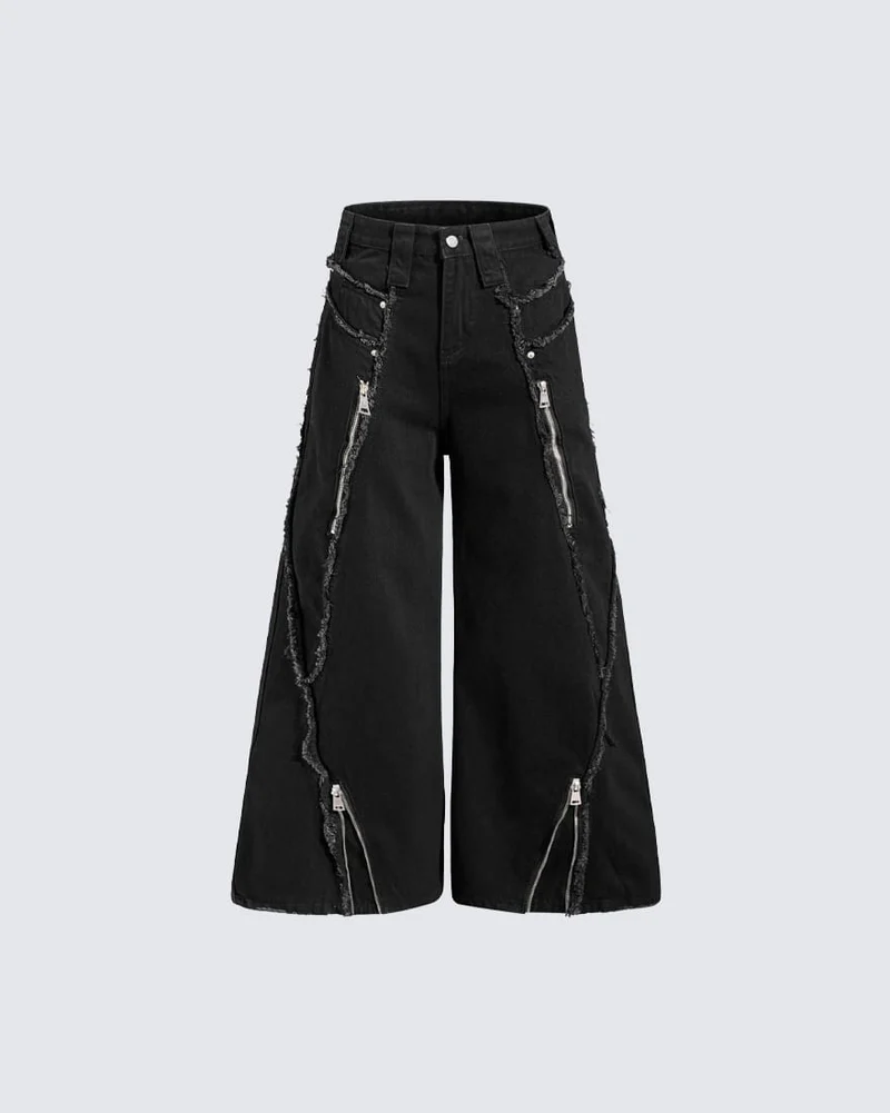 KIIKIO American Streetwear Frayed Fringe Panel Jeans