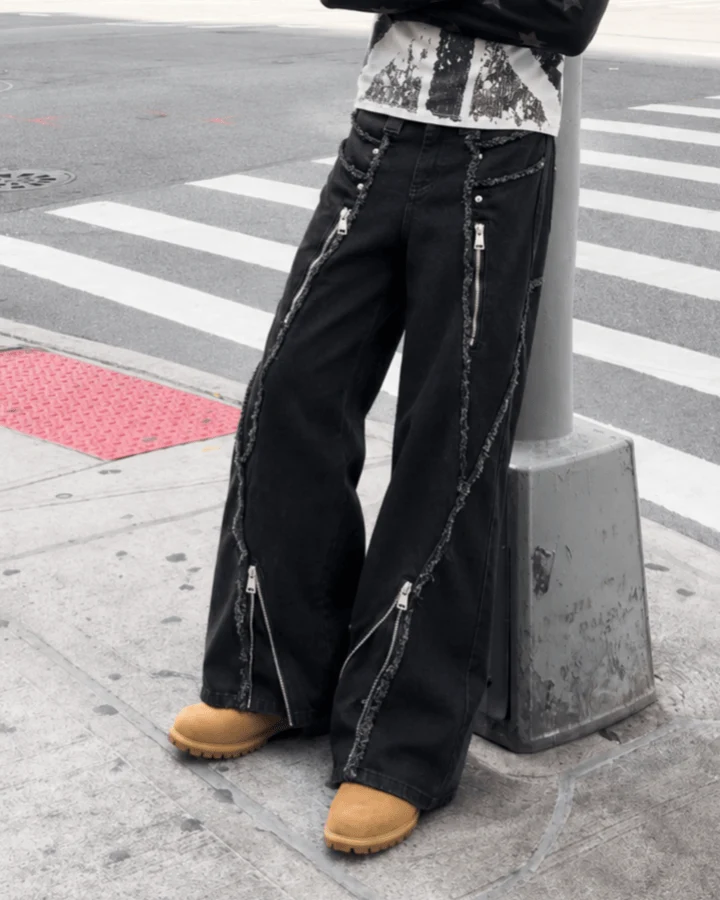 KIIKIO American Streetwear Frayed Fringe Panel Jeans