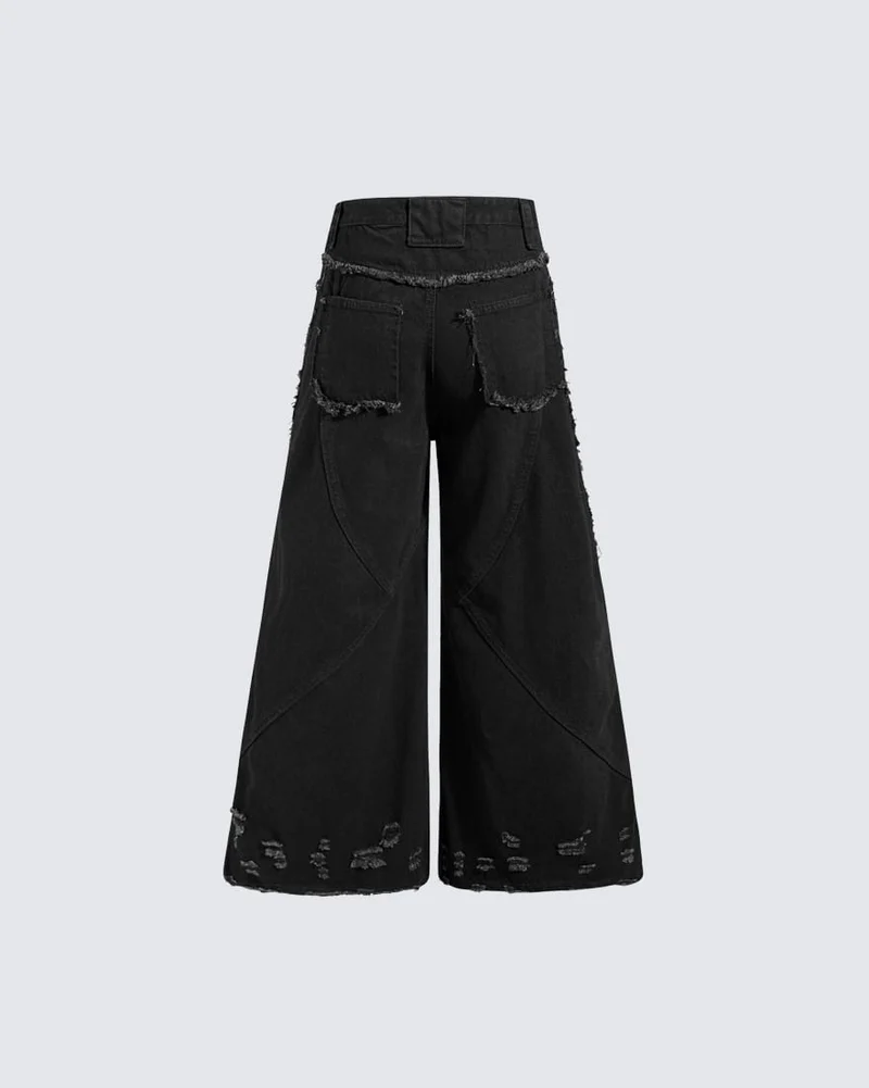 KIIKIO American Streetwear Frayed Fringe Panel Jeans