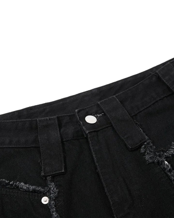 KIIKIO American Streetwear Frayed Fringe Panel Jeans