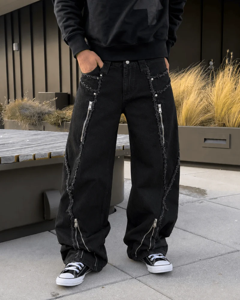 KIIKIO American Streetwear Frayed Fringe Panel Jeans