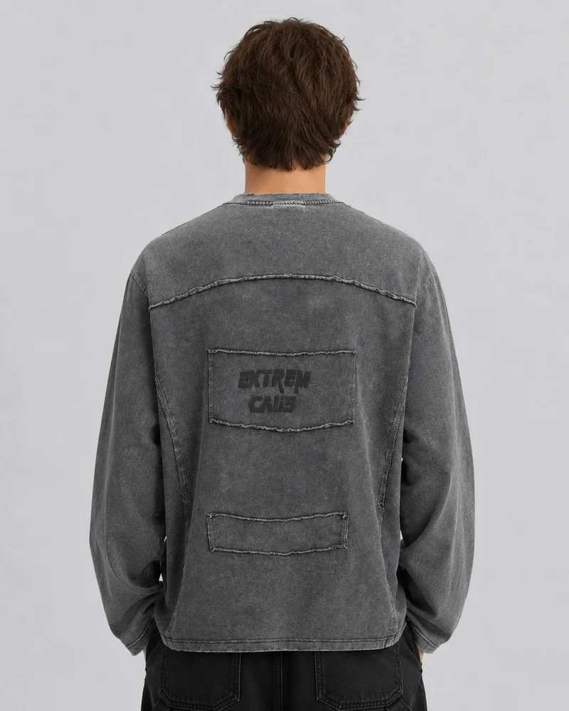 KIIKIO Simple Washed Panel Seam Long-Sleeve T-Shirt