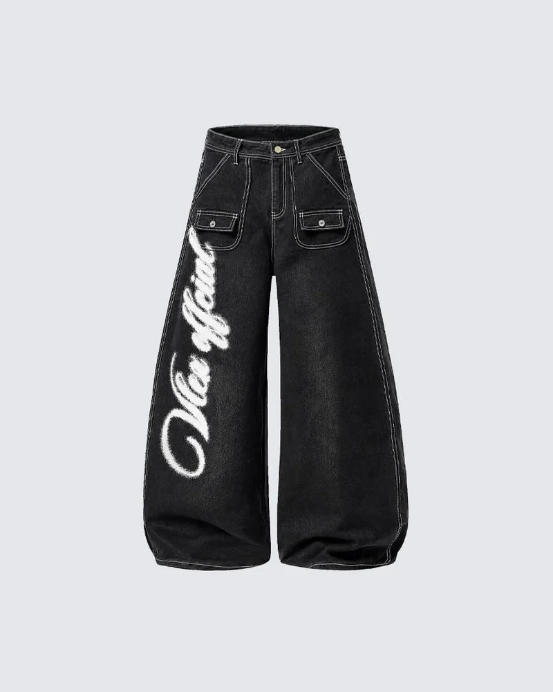 KIIKIO American-Style Angel Graphic Wide-Leg Jeans