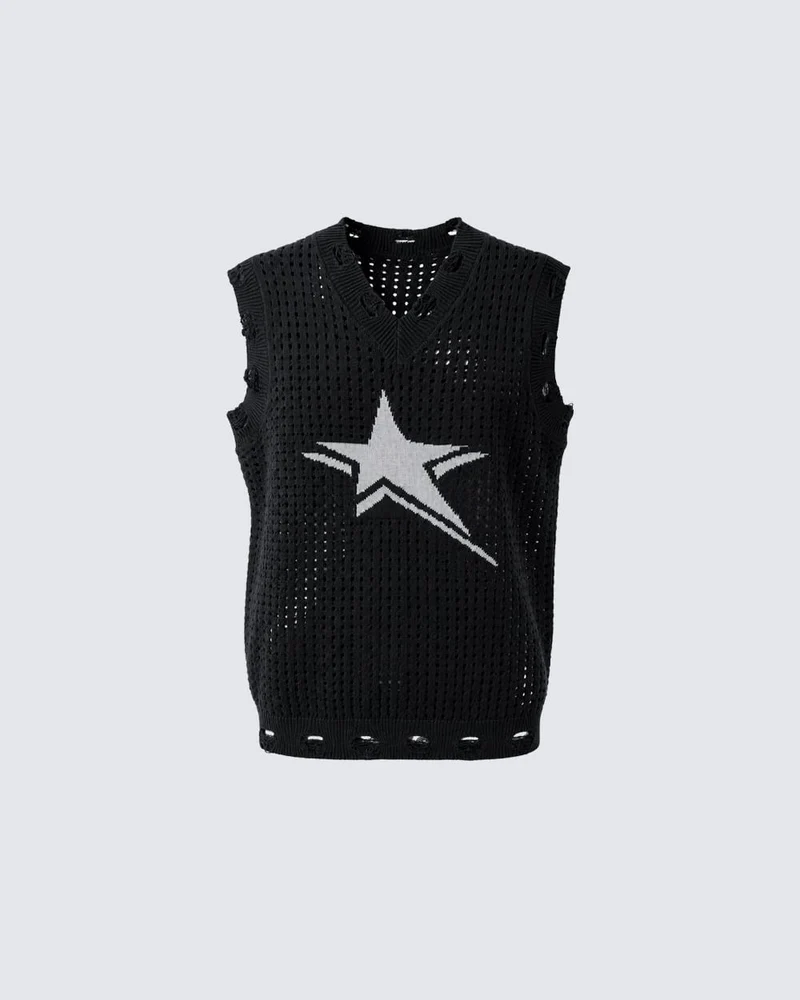 KIIKIO Distressed Star Open-Knit Sweater Vest