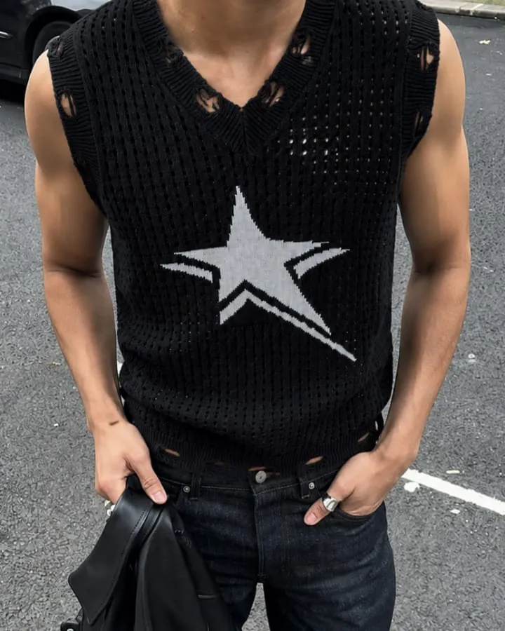 KIIKIO Distressed Star Open-Knit Sweater Vest