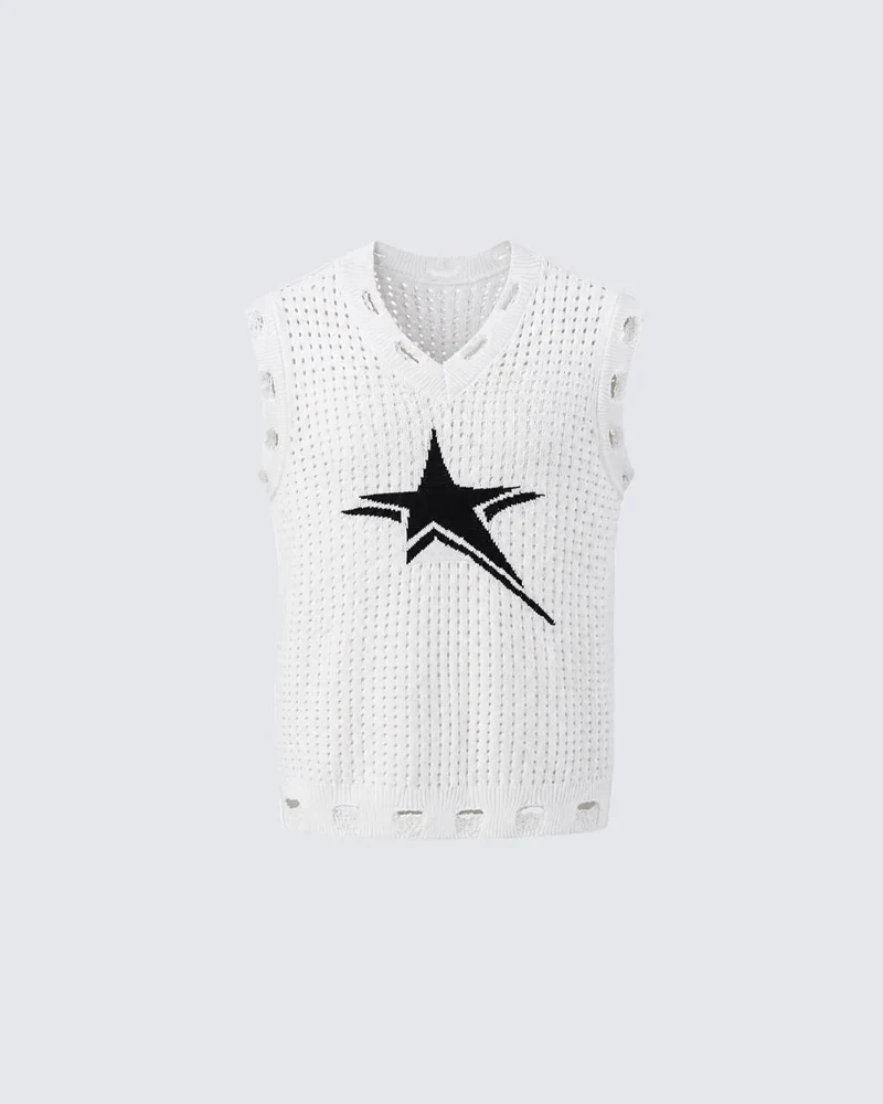 KIIKIO Distressed Star Open-Knit Sweater Vest