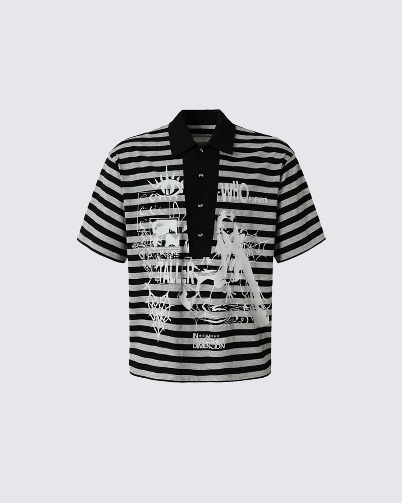 KIIKIO Retro Graphic Striped Polo Shirt
