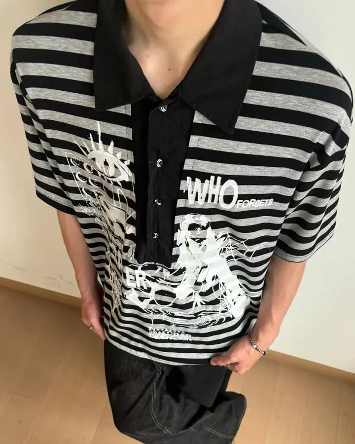 KIIKIO Retro Graphic Striped Polo Shirt