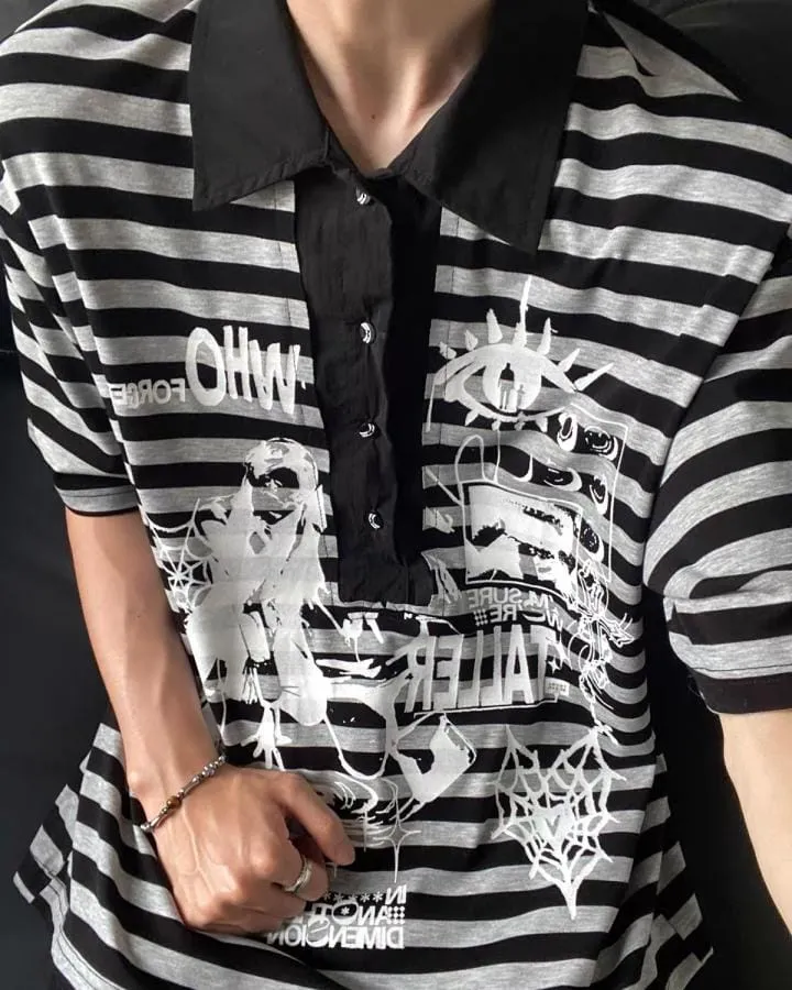 KIIKIO Retro Graphic Striped Polo Shirt