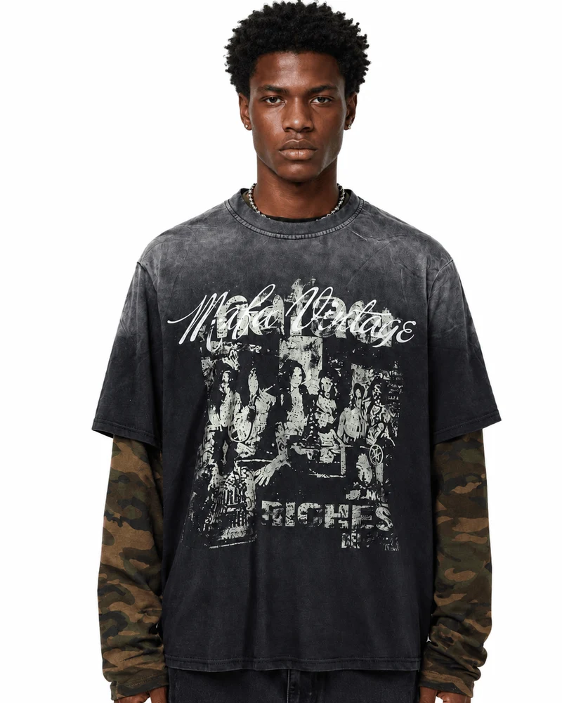 KIIKIO Distressed Camo Layered Graphic T-Shirt
