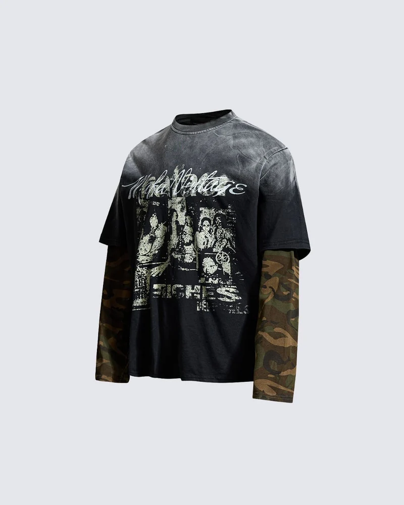 KIIKIO Distressed Camo Layered Graphic T-Shirt