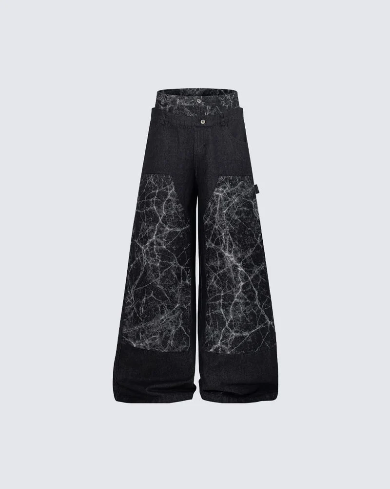 KIIKIO High-Street Retro Textured Wide-Leg Jeans
