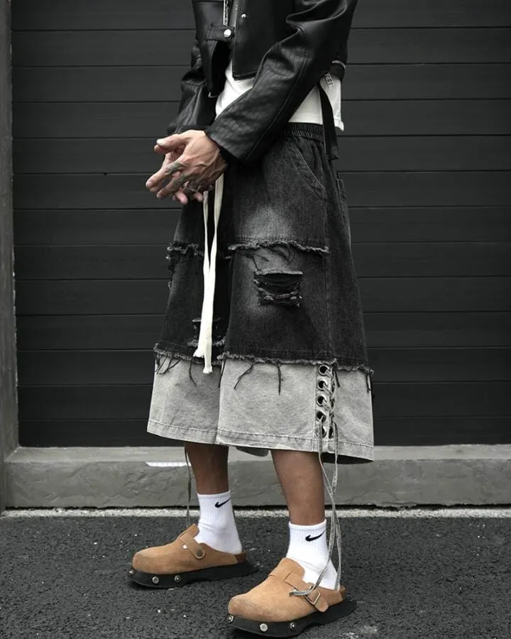 KIIKIO High-Street Wasteland-Style Hip-Hop Color-Block Cropped Pants