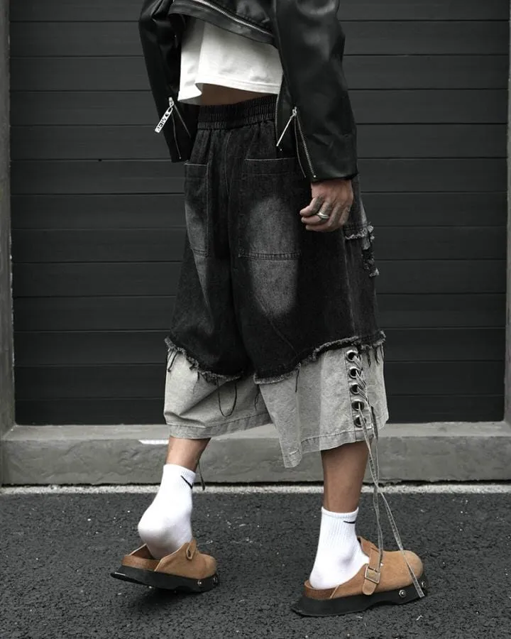 KIIKIO High-Street Wasteland-Style Hip-Hop Color-Block Cropped Pants
