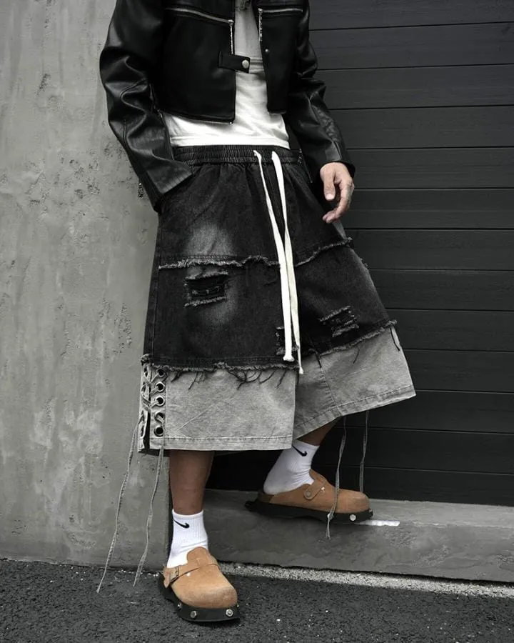 KIIKIO High-Street Wasteland-Style Hip-Hop Color-Block Cropped Pants