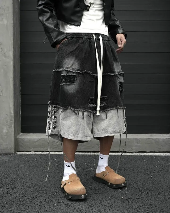 KIIKIO High-Street Wasteland-Style Hip-Hop Color-Block Cropped Pants