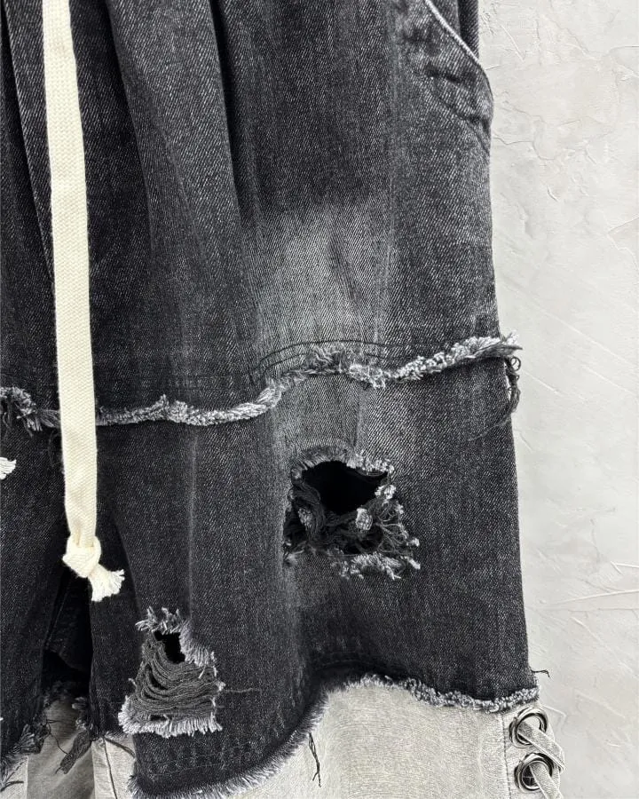 KIIKIO High-Street Wasteland-Style Hip-Hop Color-Block Cropped Pants