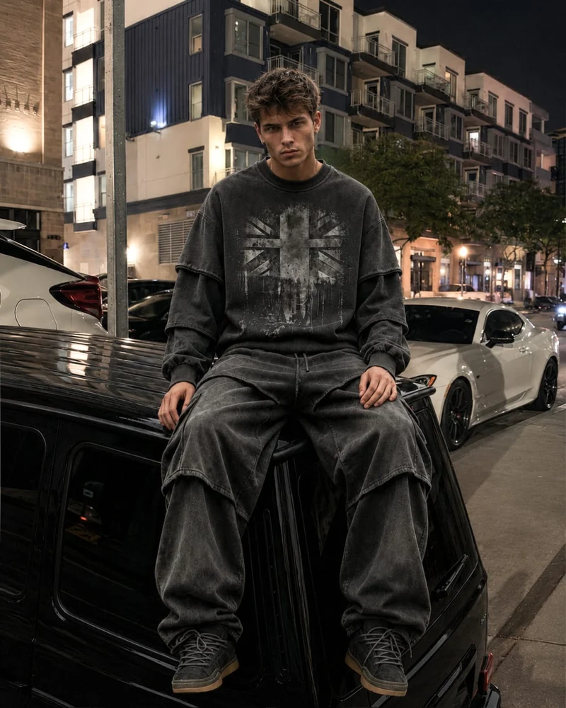 KIIKIO Washed Layered Sleeve Graphic Sweatshirt