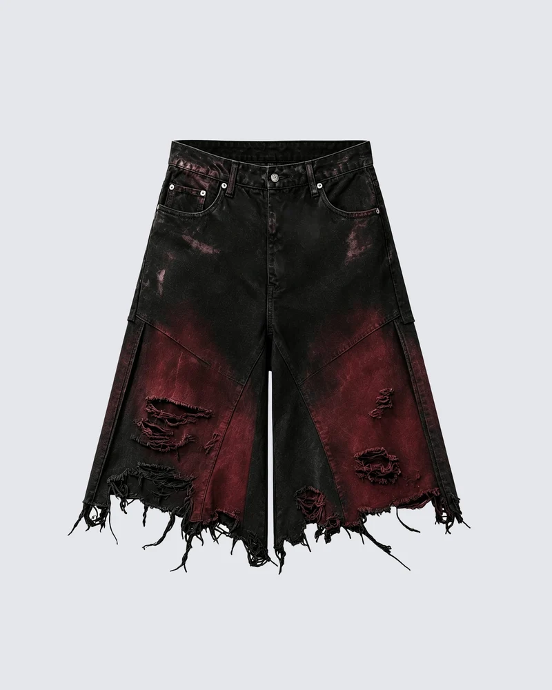 KIIKIO Red Washed Distressed Denim Shorts