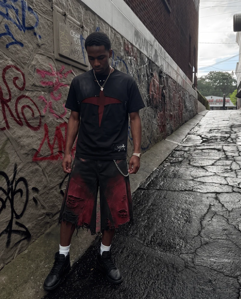 KIIKIO Red Washed Distressed Denim Shorts