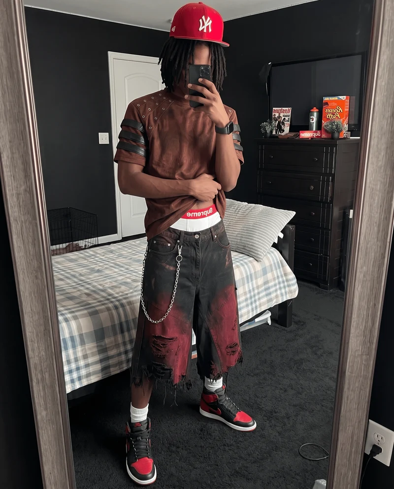KIIKIO Red Washed Distressed Denim Shorts