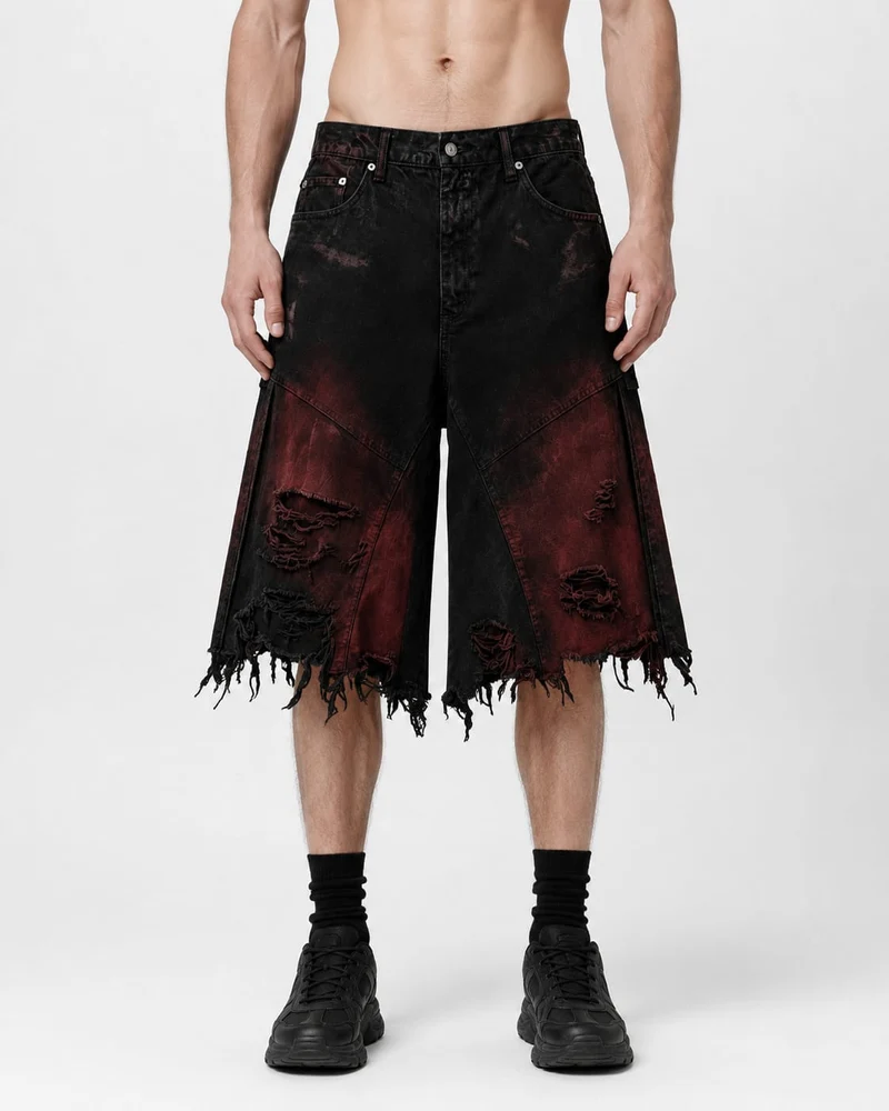 KIIKIO Red Washed Distressed Denim Shorts