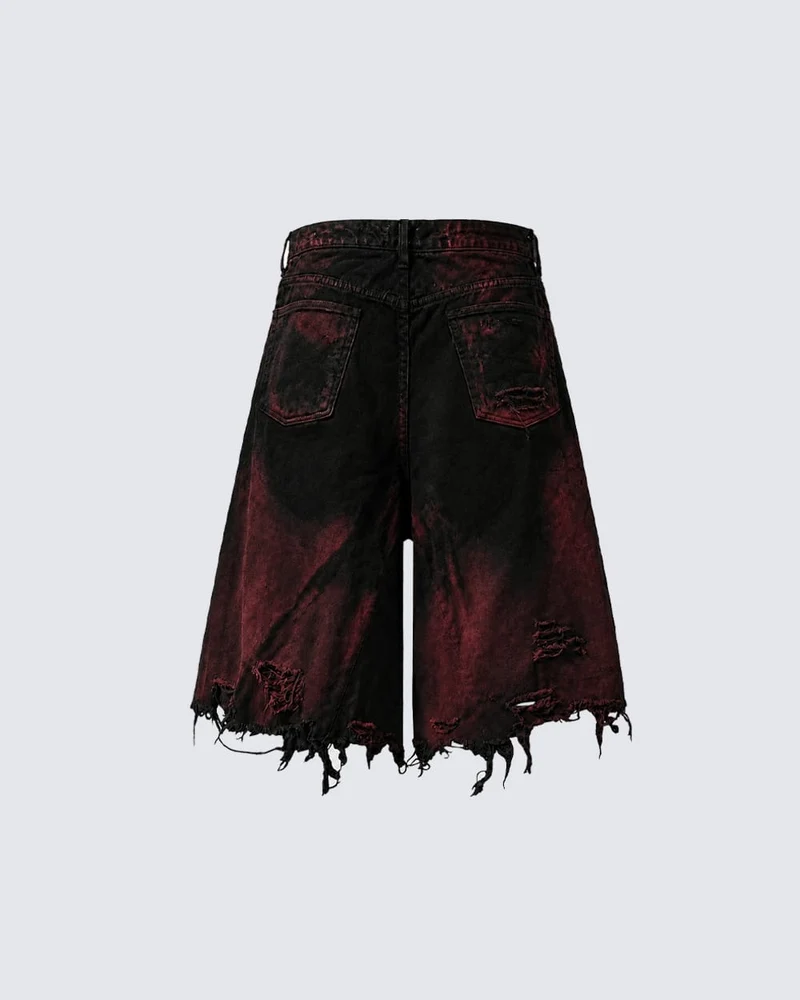 KIIKIO Red Washed Distressed Denim Shorts