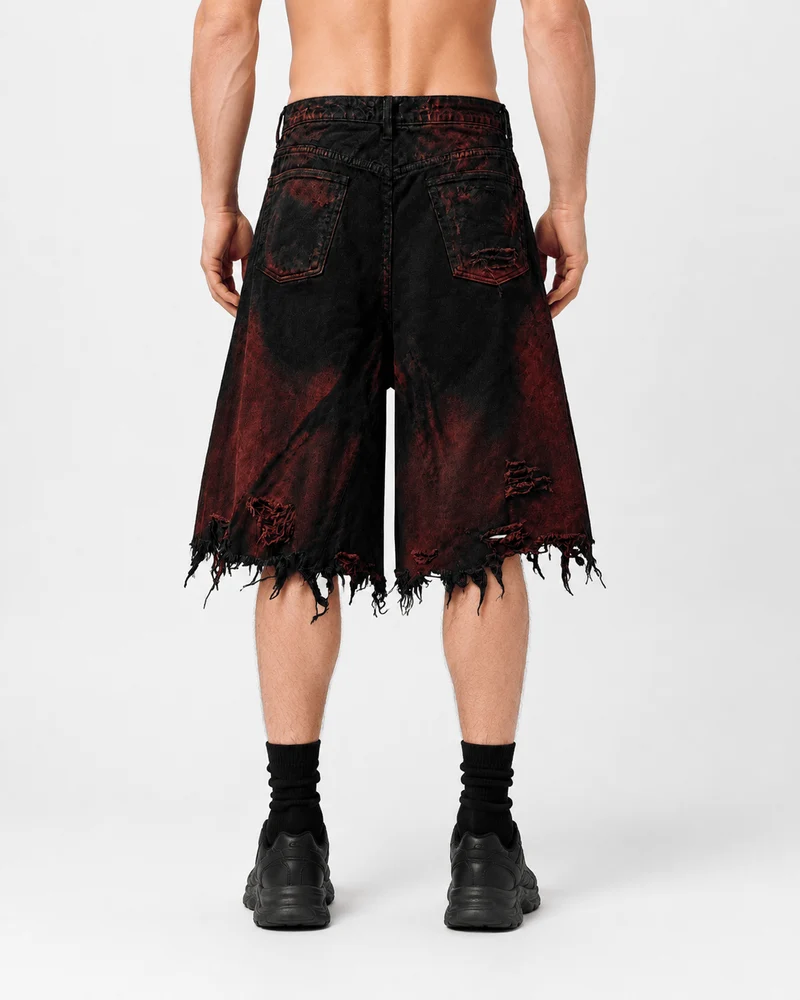 KIIKIO Red Washed Distressed Denim Shorts