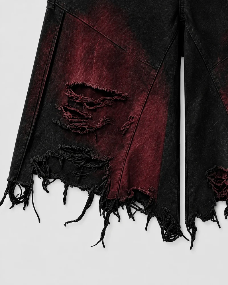 KIIKIO Red Washed Distressed Denim Shorts
