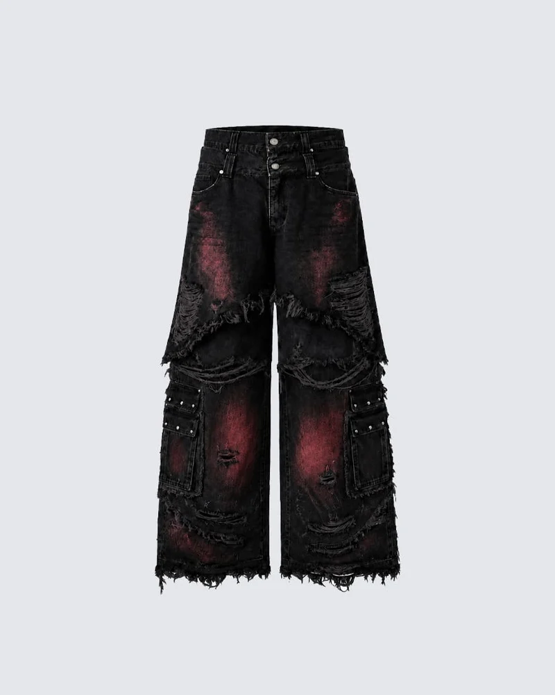 KIIKIO Gradient Red Frayed Cargo Wide Leg Denim Pants