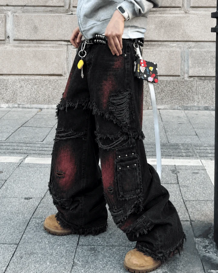 KIIKIO Gradient Red Frayed Cargo Wide Leg Denim Pants