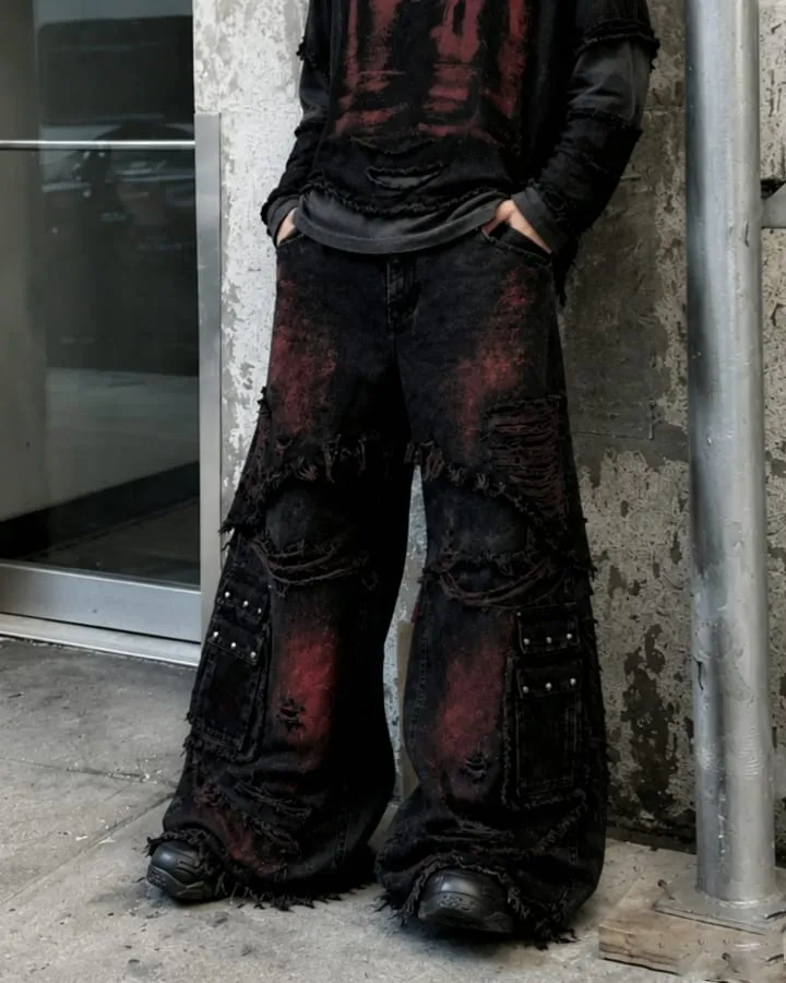 KIIKIO Gradient Red Frayed Cargo Wide Leg Denim Pants